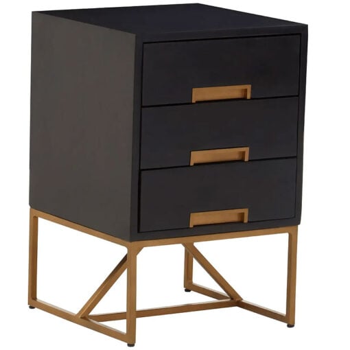 Boho Black Solid Mango Wood And Gold Metal 3 Drawer Bedside Cabinet Side Table