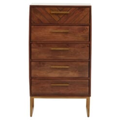 Boho Brown Solid Mango Wood And Gold Metal Herringbone Chest Of 5 Drawers