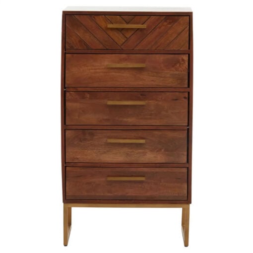 Boho Brown Solid Mango Wood And Gold Metal Herringbone Chest Of 5 Drawers