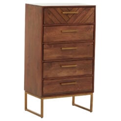 Boho Brown Solid Mango Wood And Gold Metal Herringbone Chest Of 5 Drawers