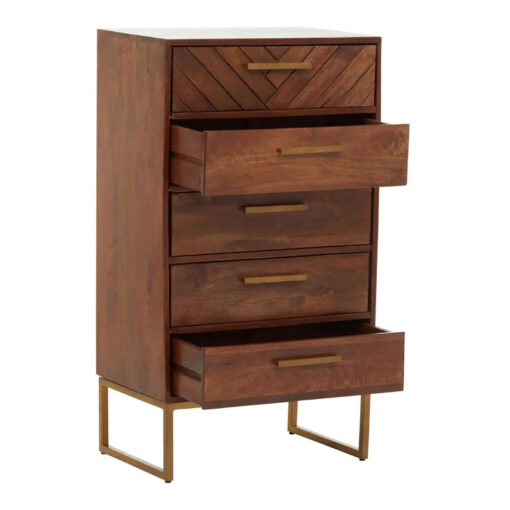 Boho Brown Solid Mango Wood And Gold Metal Herringbone Chest Of 5 Drawers