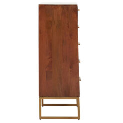 Boho Brown Solid Mango Wood And Gold Metal Herringbone Chest Of 5 Drawers