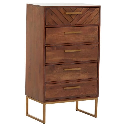 Boho Brown Solid Mango Wood And Gold Metal Herringbone Chest Of 5 Drawers