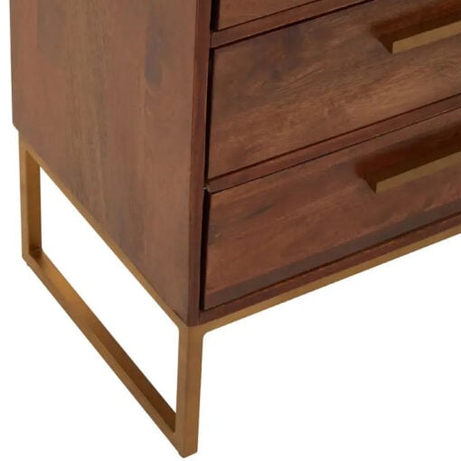 Boho Brown Solid Mango Wood And Gold Metal Herringbone Chest Of 5 Drawers