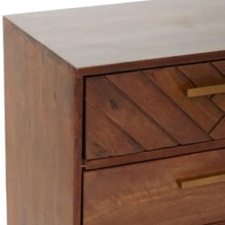 Boho Brown Solid Mango Wood And Gold Metal Herringbone Chest Of 5 Drawers