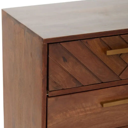 Boho Brown Solid Mango Wood And Gold Metal Herringbone Chest Of 5 Drawers