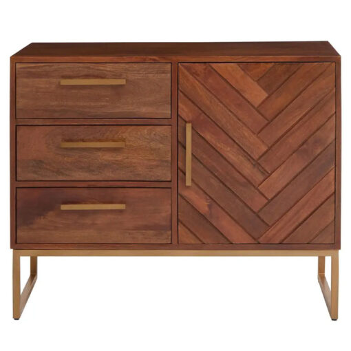 Boho Brown Solid Mango Wood And Gold Metal Herringbone Sideboard 90cm