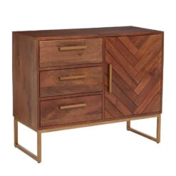 Boho Brown Solid Mango Wood And Gold Metal Herringbone Sideboard 90cm