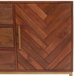 Boho Brown Solid Mango Wood And Gold Metal Herringbone Sideboard 90cm