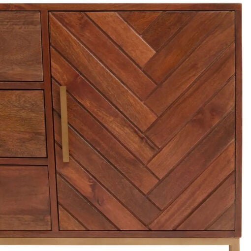 Boho Brown Solid Mango Wood And Gold Metal Herringbone Sideboard 90cm