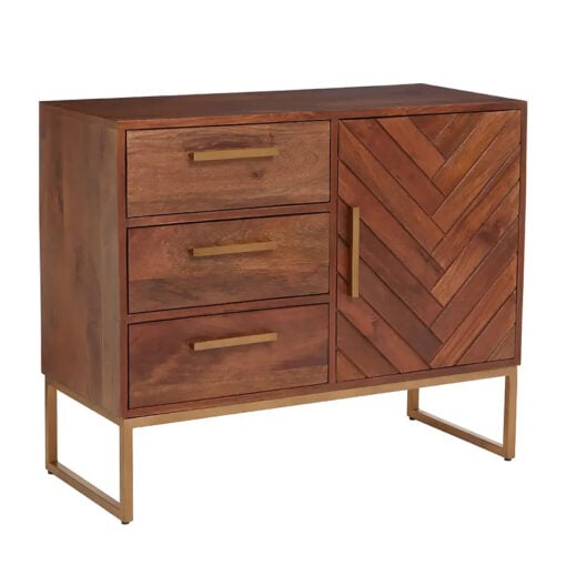 Boho Brown Solid Mango Wood And Gold Metal Herringbone Sideboard 90cm