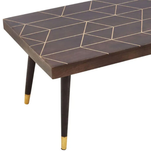 Boho Dark Brown Solid Mango Wood And Gold Metal Geometric Coffee Table
