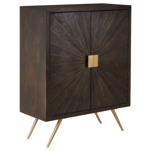 Boho Dark Brown Sunburst Carved Mango Wood And Gold Metal Sideboard Cabinet