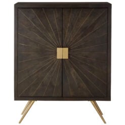 Boho Dark Brown Sunburst Carved Mango Wood And Gold Metal Sideboard Cabinet