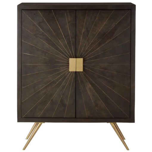 Boho Dark Brown Sunburst Carved Mango Wood And Gold Metal Sideboard Cabinet