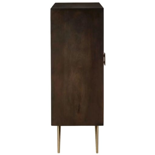 Boho Dark Brown Sunburst Carved Mango Wood And Gold Metal Sideboard Cabinet