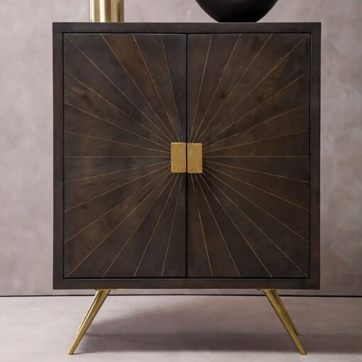 Boho Dark Brown Sunburst Carved Mango Wood And Gold Metal Sideboard Cabinet