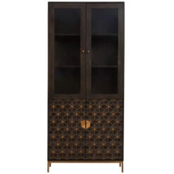 Boho Dark Grey Solid Mango Wood And Gold Metal Large Tall Display Cabinet Bookcase 200cm