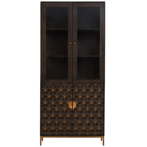 Boho Dark Grey Solid Mango Wood And Gold Metal Large Tall Display Cabinet Bookcase 200cm