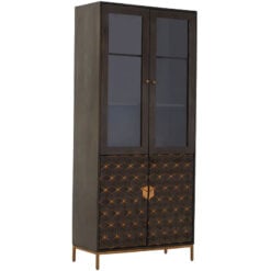 Boho Dark Grey Solid Mango Wood And Gold Metal Large Tall Display Cabinet Bookcase 200cm