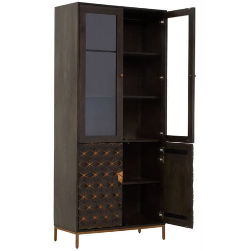 Boho Dark Grey Solid Mango Wood And Gold Metal Large Tall Display Cabinet Bookcase 200cm