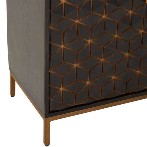 Boho Dark Grey Solid Mango Wood And Gold Metal Large Tall Display Cabinet Bookcase 200cm