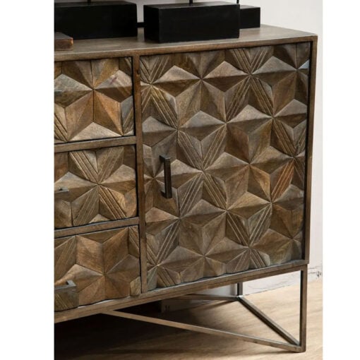 Boho Geometric Carved Dark Brown Solid Mango Wood Sideboard With Grey Metal Legs