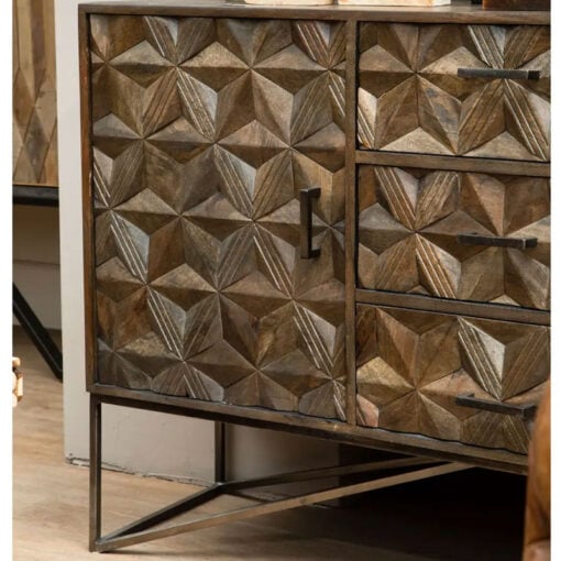 Boho Geometric Carved Dark Brown Solid Mango Wood Sideboard With Grey Metal Legs