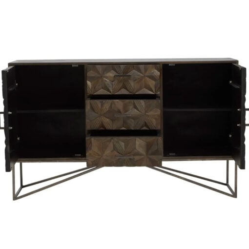 Boho Geometric Carved Dark Brown Solid Mango Wood Sideboard With Grey Metal Legs