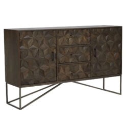 Boho Geometric Carved Dark Brown Solid Mango Wood Sideboard With Grey Metal Legs