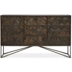 Boho Geometric Carved Dark Brown Solid Mango Wood Sideboard With Grey Metal Legs