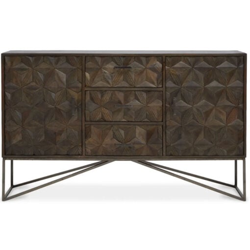 Boho Geometric Carved Dark Brown Solid Mango Wood Sideboard With Grey Metal Legs