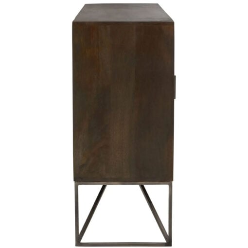 Boho Geometric Carved Dark Brown Solid Mango Wood Sideboard With Grey Metal Legs