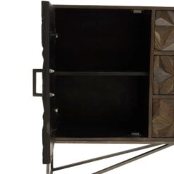 Boho Geometric Carved Dark Brown Solid Mango Wood Sideboard With Grey Metal Legs