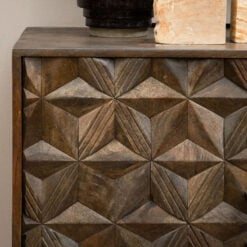 Boho Geometric Carved Dark Brown Solid Mango Wood Sideboard With Grey Metal Legs