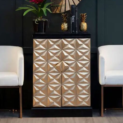 Boho Geometric Carved Gold And Black Solid Mango Wood Bar Drinks Cabinet