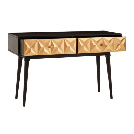 Boho Geometric Carved Gold And Black Solid Mango Wood Console Table