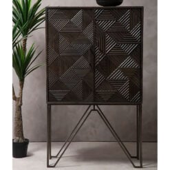 Boho Geometric Carved Solid Grey Mango Wood Tall 2 Door Cabinet With Antique Brass Metal Legs