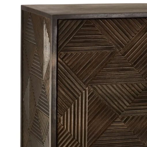Boho Geometric Carved Solid Grey Mango Wood Tall 2 Door Cabinet With Antique Brass Metal Legs