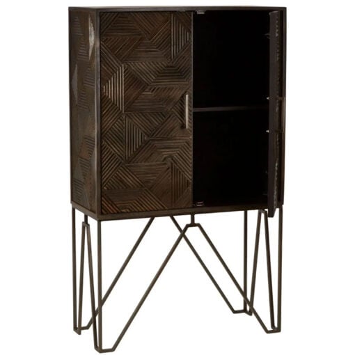 Boho Geometric Carved Solid Grey Mango Wood Tall 2 Door Cabinet With Antique Brass Metal Legs