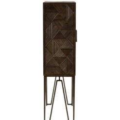 Boho Geometric Carved Solid Grey Mango Wood Tall 2 Door Cabinet With Antique Brass Metal Legs