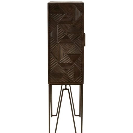 Boho Geometric Carved Solid Grey Mango Wood Tall 2 Door Cabinet With Antique Brass Metal Legs