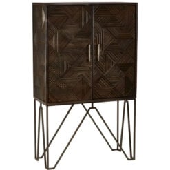 Boho Geometric Carved Solid Grey Mango Wood Tall 2 Door Cabinet With Antique Brass Metal Legs