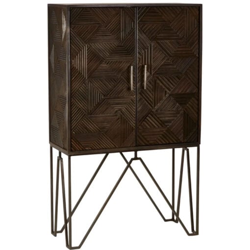Boho Geometric Carved Solid Grey Mango Wood Tall 2 Door Cabinet With Antique Brass Metal Legs