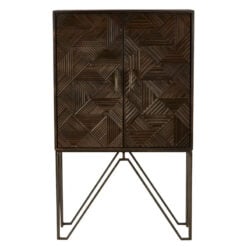 Boho Geometric Carved Solid Grey Mango Wood Tall 2 Door Cabinet With Antique Brass Metal Legs
