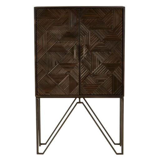 Boho Geometric Carved Solid Grey Mango Wood Tall 2 Door Cabinet With Antique Brass Metal Legs