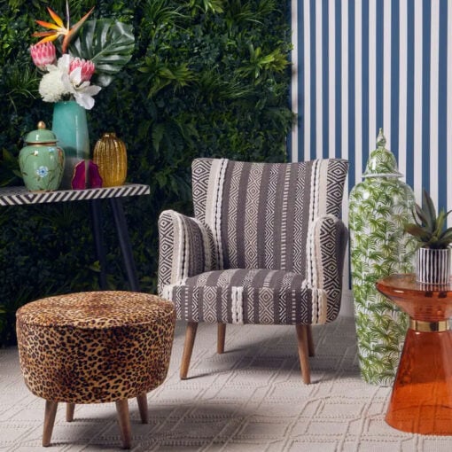 Boho Grey And White Textured Cotton And Solid Mango Wood Armchair Accent Chair