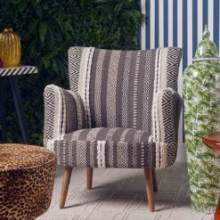 Boho Grey And White Textured Cotton And Solid Mango Wood Armchair Accent Chair