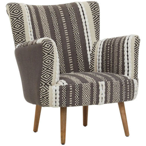 Boho Grey And White Textured Cotton And Solid Mango Wood Armchair Accent Chair