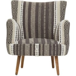 Boho Grey And White Textured Cotton And Solid Mango Wood Armchair Accent Chair